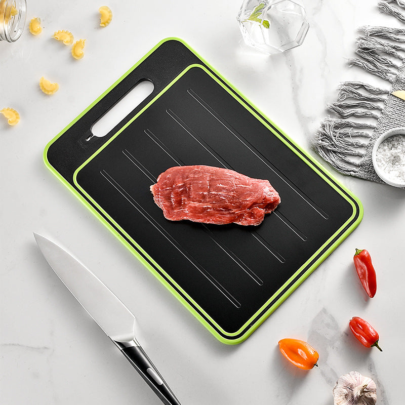 Defrosting Cutting Board with Knife Sharpener in use